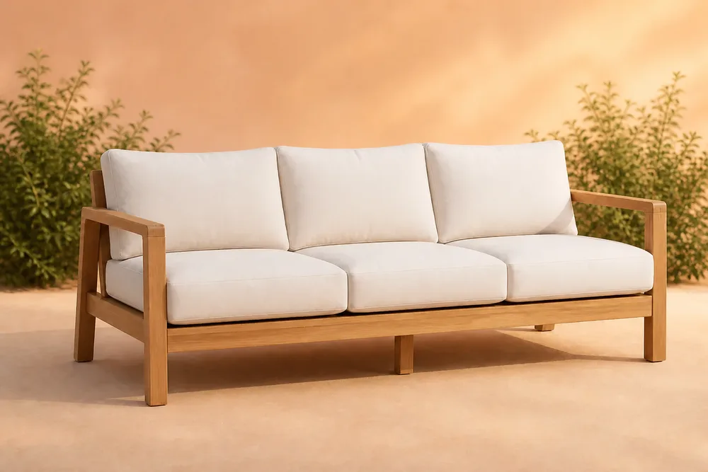 Solara Outdoor Sofa in Ivory with green plants against a warm peach background