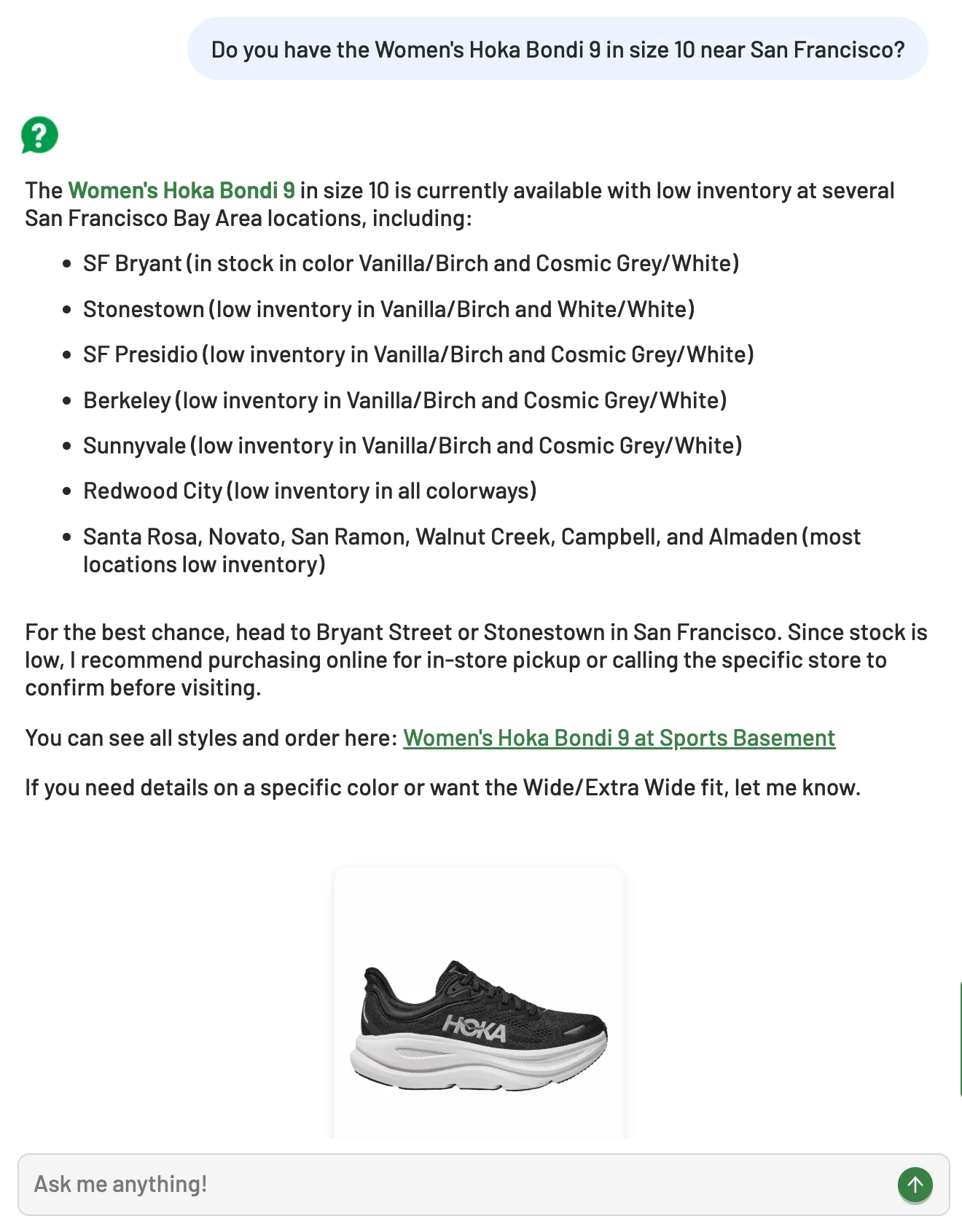 AI answer to question: Do you have the Women's Hoka Bondi 9 in size 10 near San Francisco?