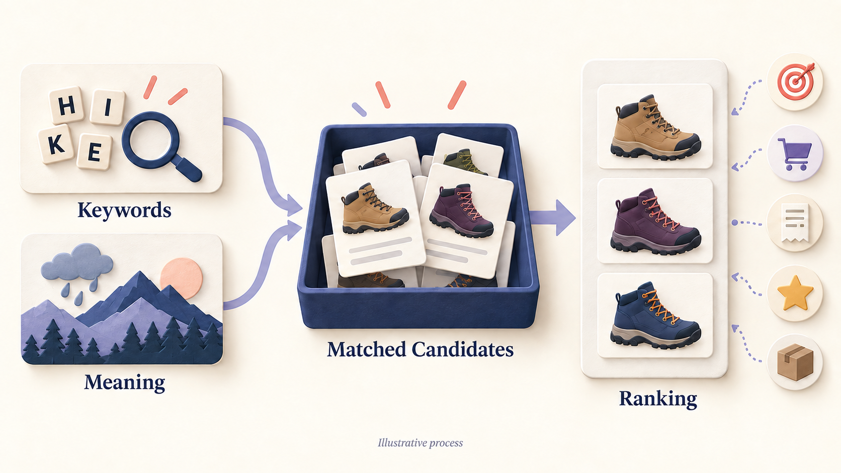 Word matching and meaning-based matching find possible products, which ranking orders using several factors.