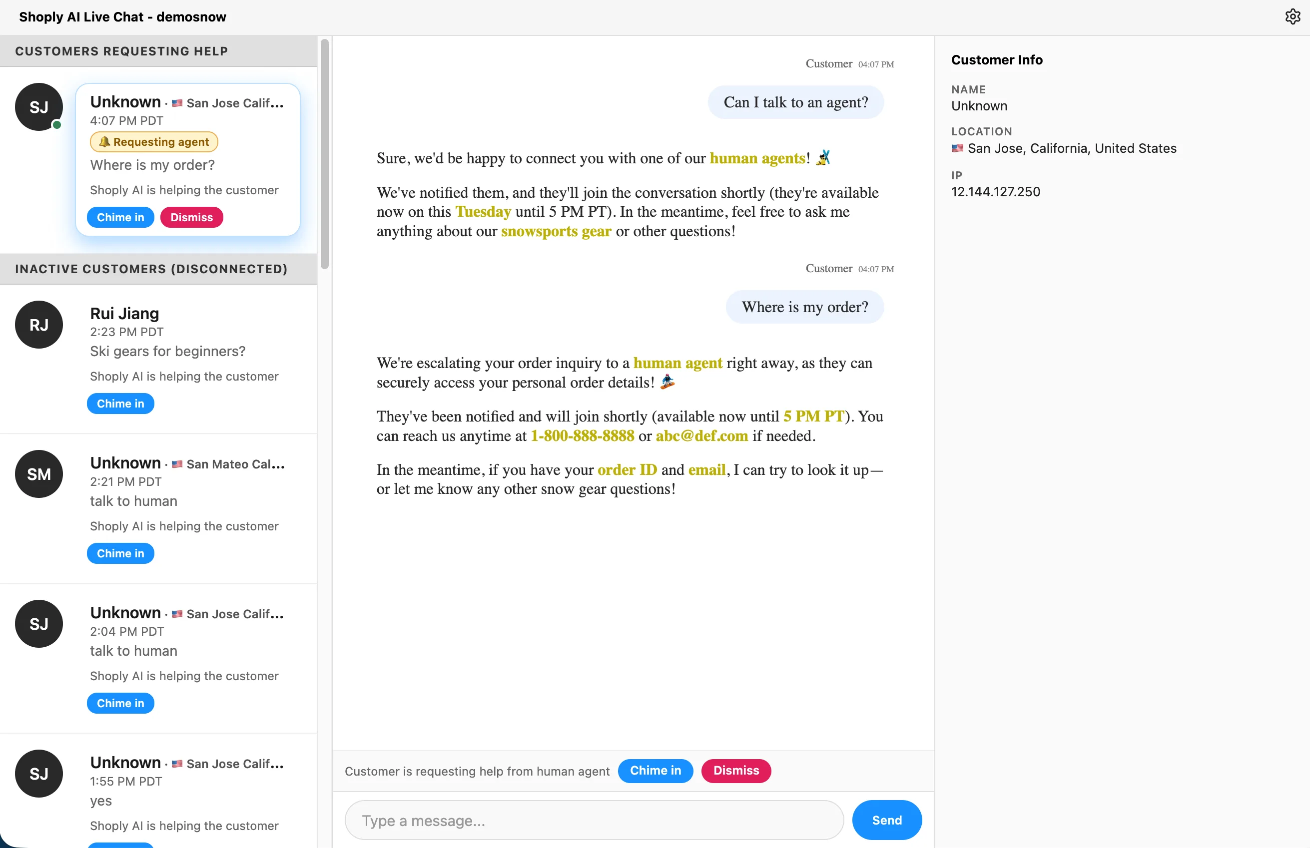Customer requesting a human agent in Shoply AI Live Chat