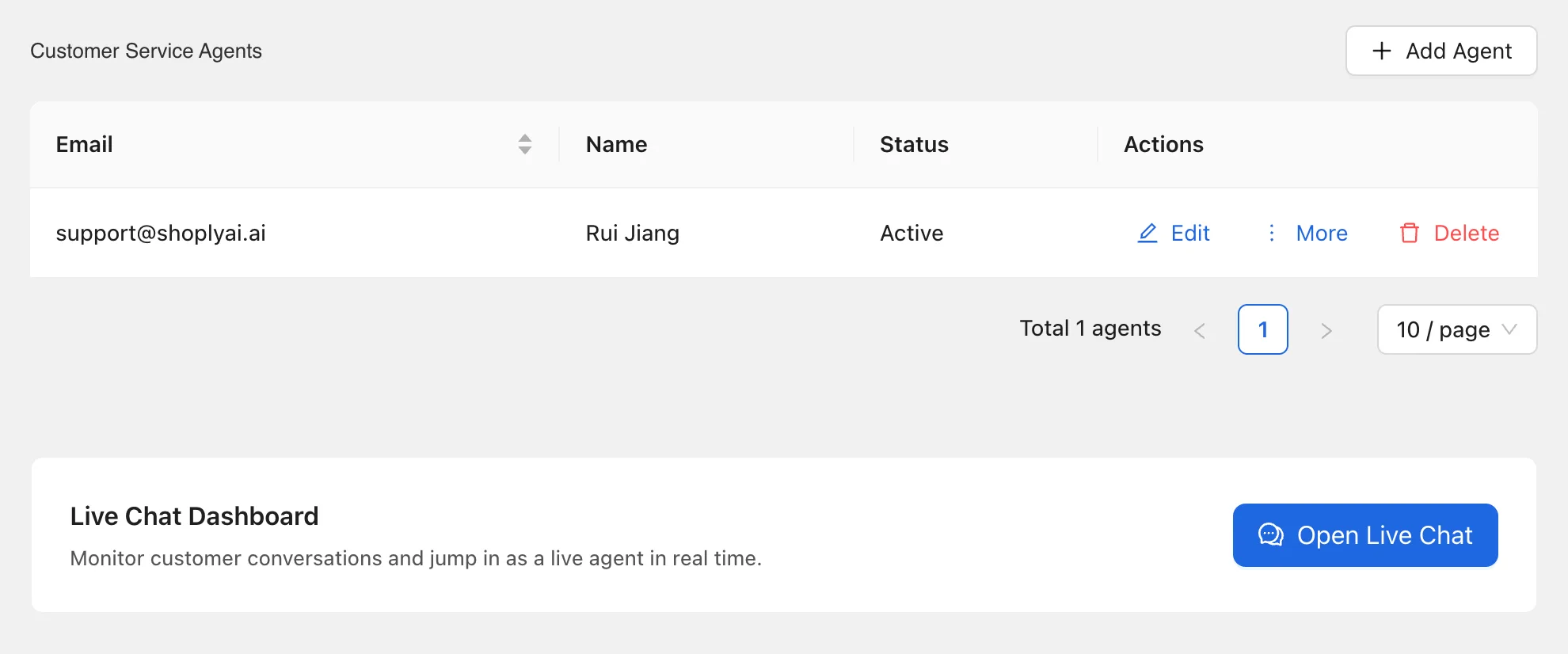 Live Chat settings to add agents