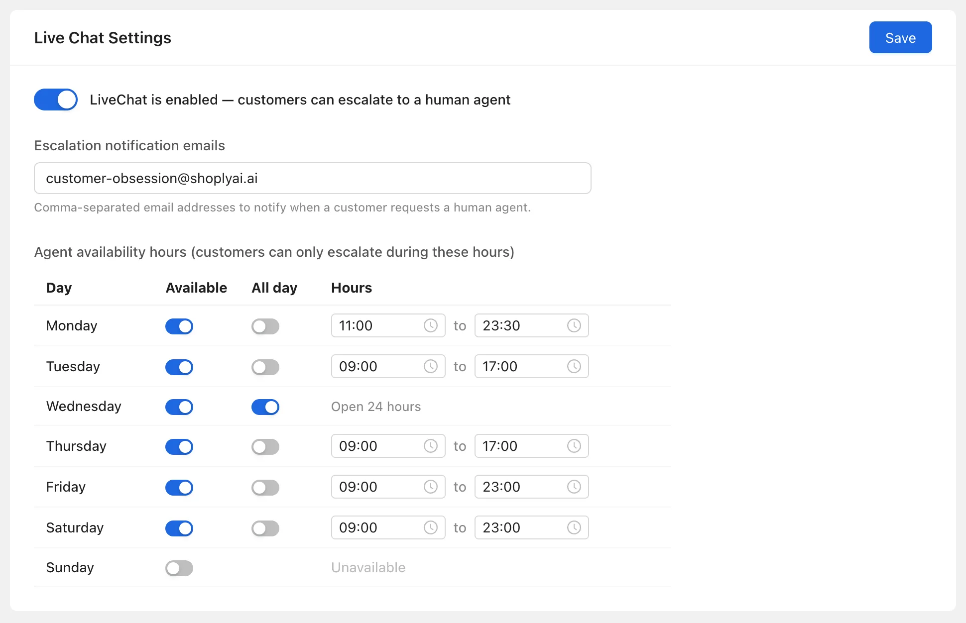Live Chat settings to enable/disable and configure business hours