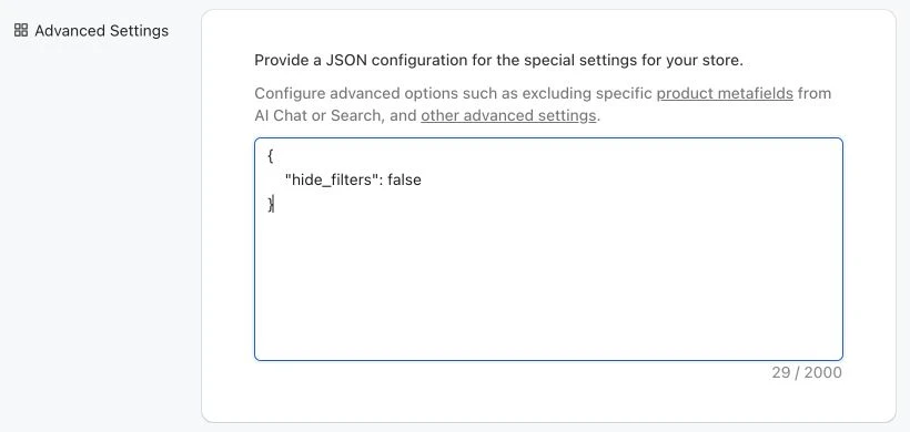 Add the settings below in Settings → Advanced Settings. The screenshot shows the demo store’s current settings; keep your existing entries when adding a new one.