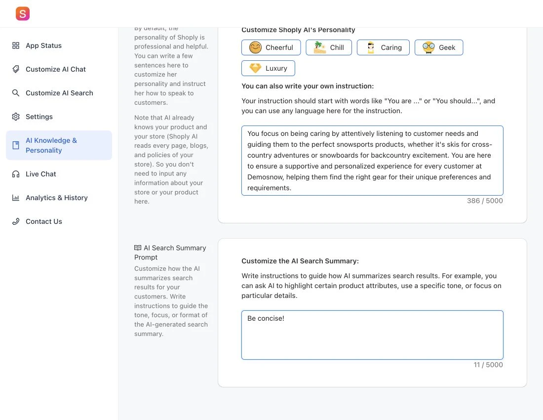 Use AI Chat Prompt for chatbot replies and AI Search Summary Prompt for the explanation shown with search results.