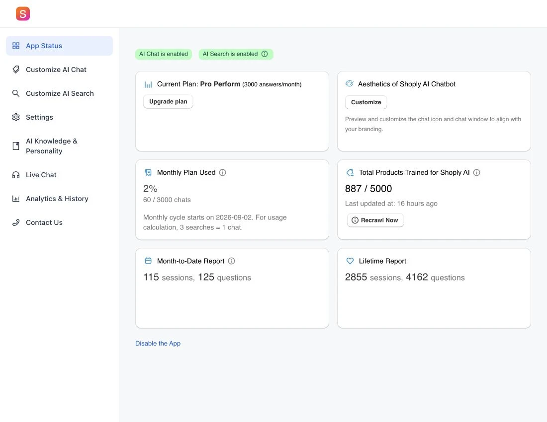 App Status shows the trained product count, last update time, and Recrawl Now control.