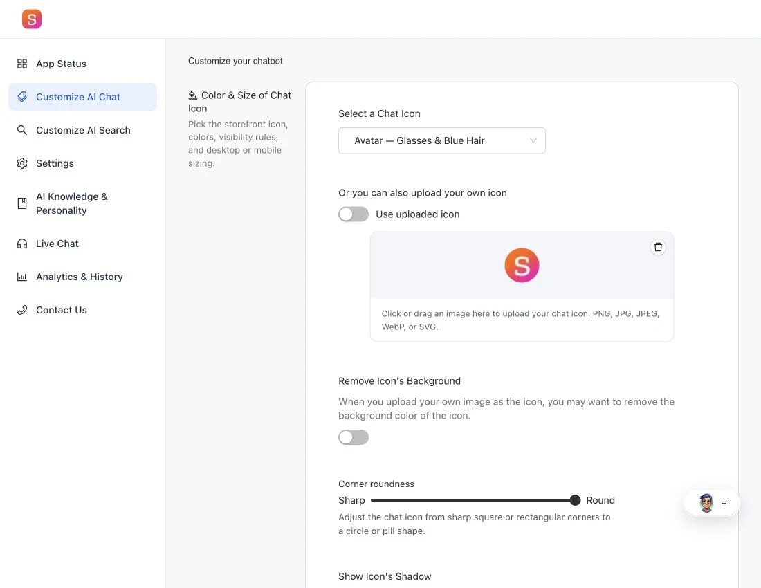 Customize AI Chat includes icon selection, uploads, background, corner roundness, and shadow controls.