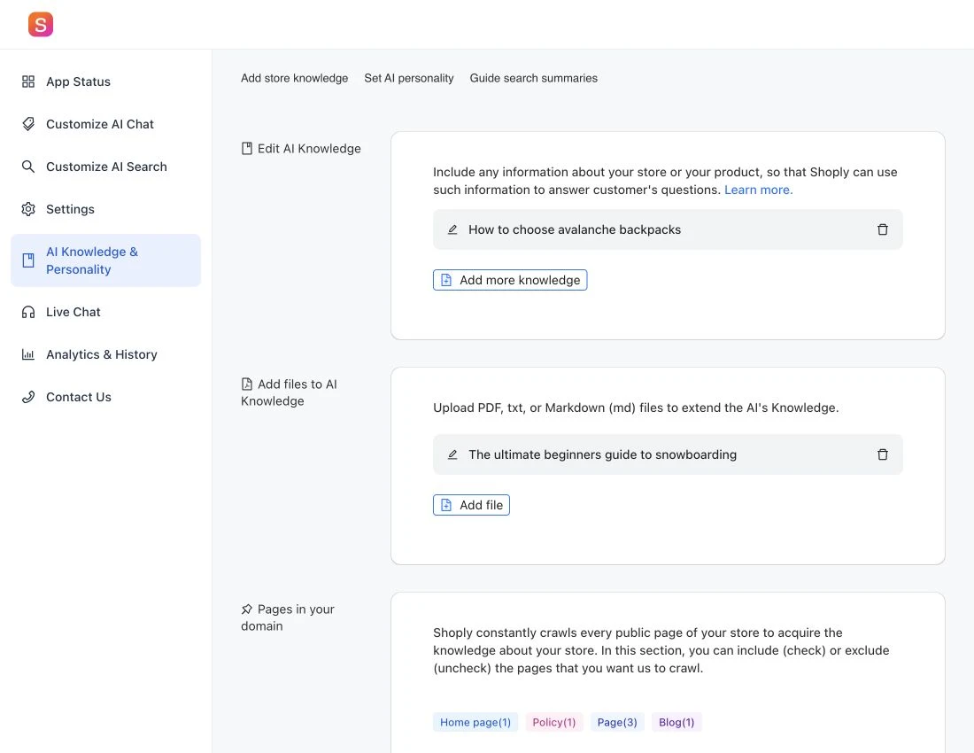 The AI Knowledge & Personality page offers typed knowledge, file uploads, and store-page sources.