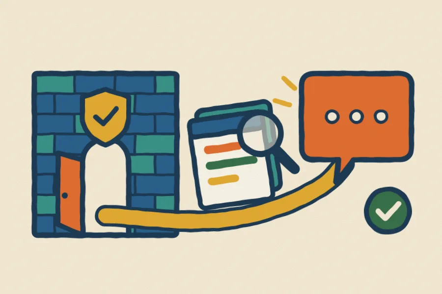 A brick firewall opens one gate so Shoply's crawler can carry website pages to the chat assistant