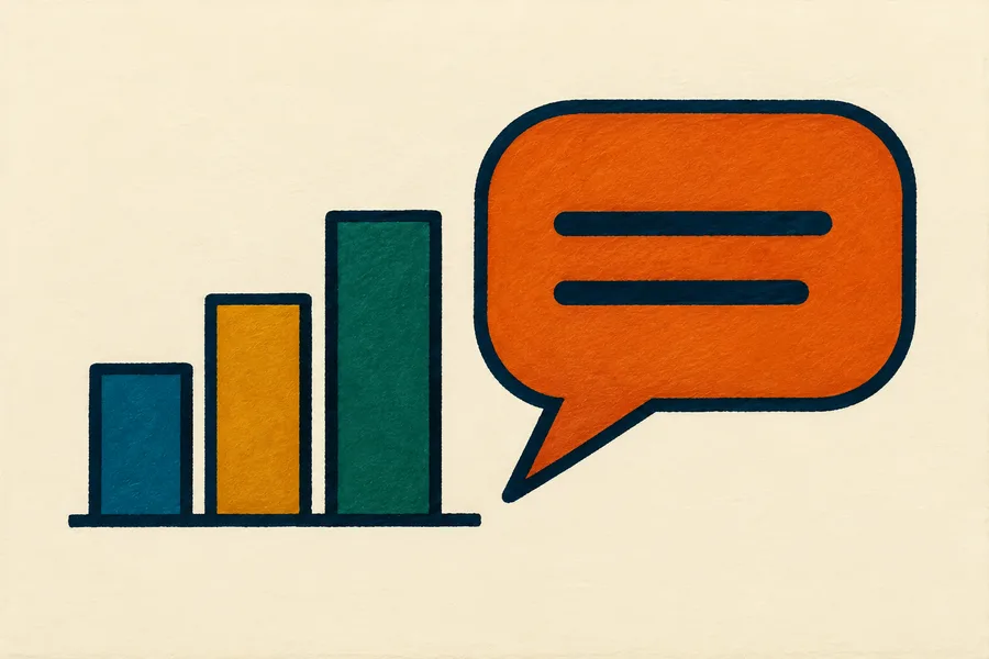 A bar chart and chat bubble represent analytics and conversation history