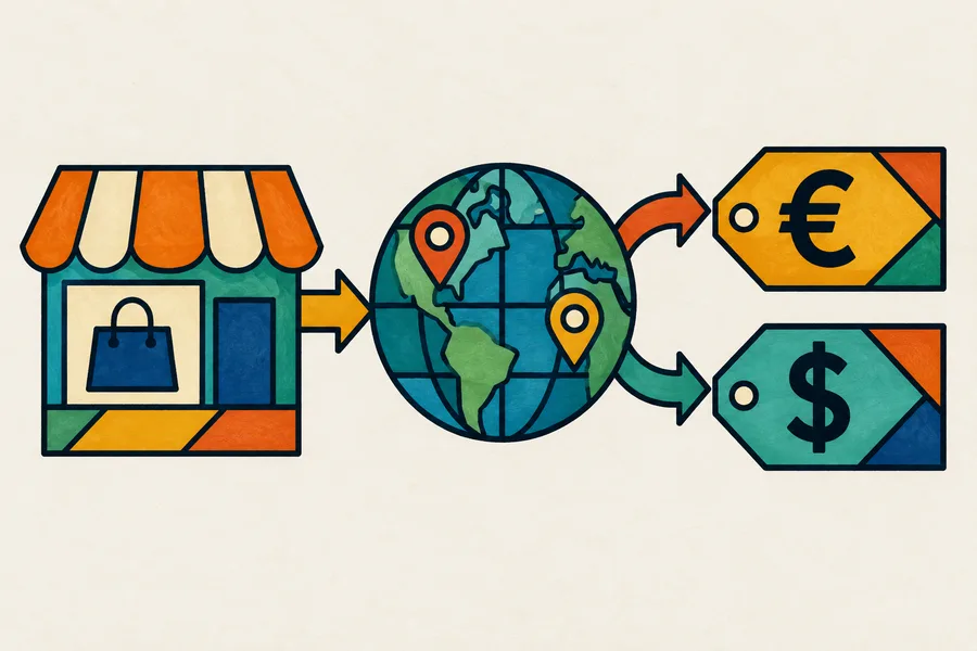 An online shop supplies prices in different currencies according to the shopper’s country, shown by a globe and currency price tags.