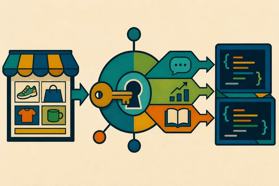 A secure merchant key unlocks an API connector carrying storefront chat, analytics, and knowledge into backend code