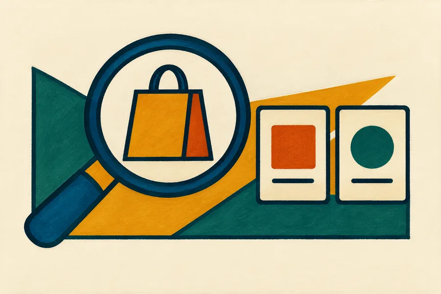 A magnifying glass finds a shopping bag beside product cards