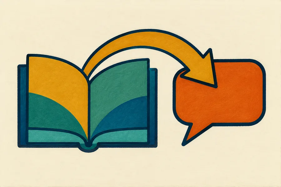 An open book sharing store knowledge with an AI chat bubble