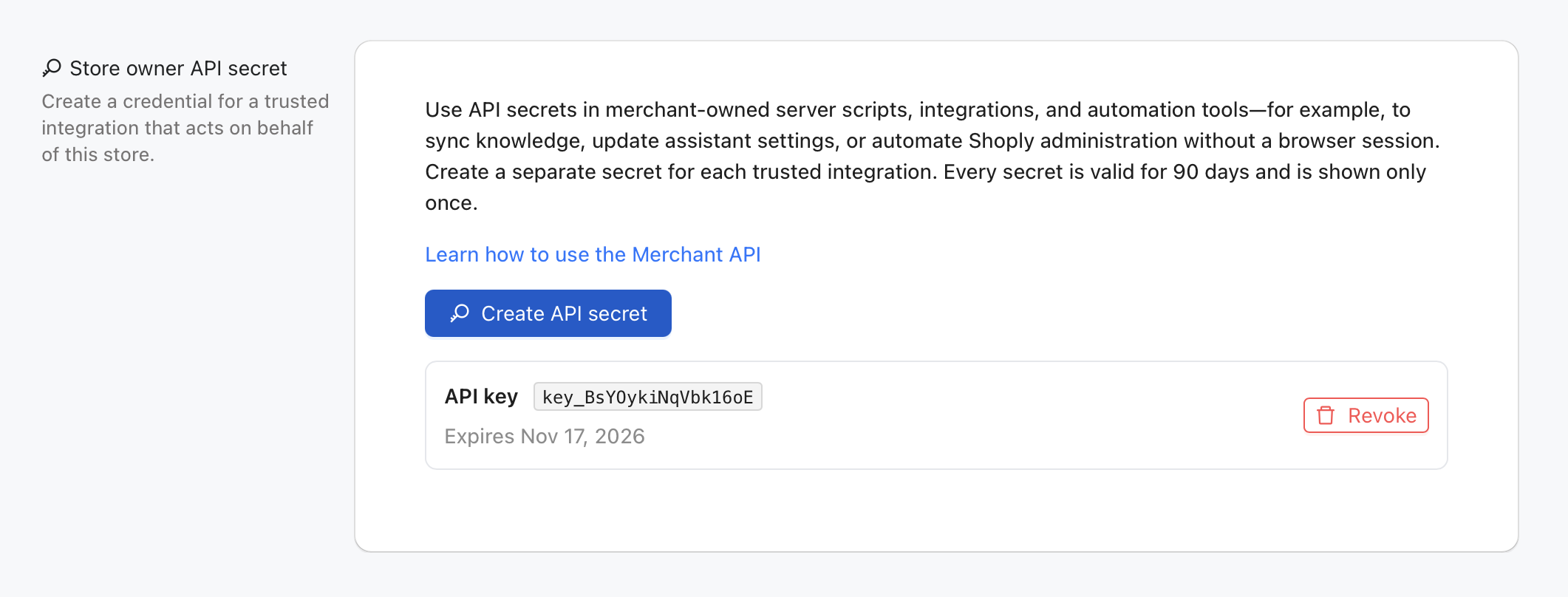 Shoply Settings showing the Store owner API secret panel, Create API secret button, expiry date, and revoke control